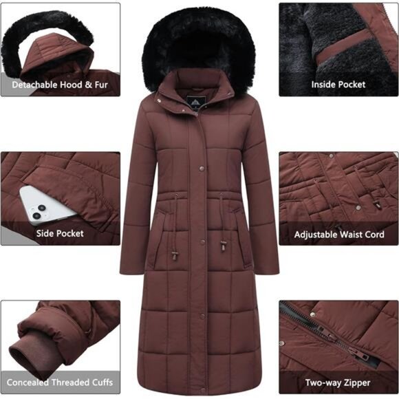 Women's Winter Coat Long Waterproof Parka - Warm Brown - Picture 4 of 7